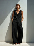 Linen Blend V-Neck Buttoned Vest & High-Waist Wide-Leg Pants Set – 5 Colors S–3XL