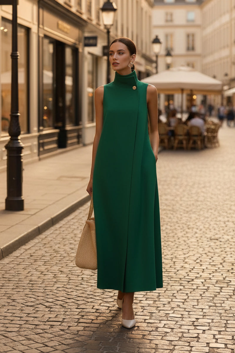 Elegant Sleeveless Long Dress – Stand Collar Office & Casual Dress