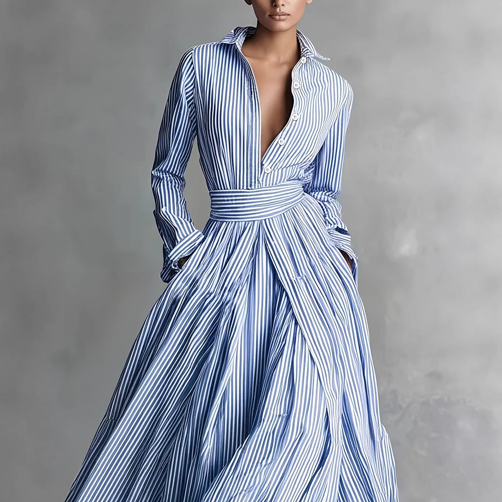 Striped Long Sleeve Cardigan Shirt Dress for Women – Tie Waist Pocket Maxi Dress