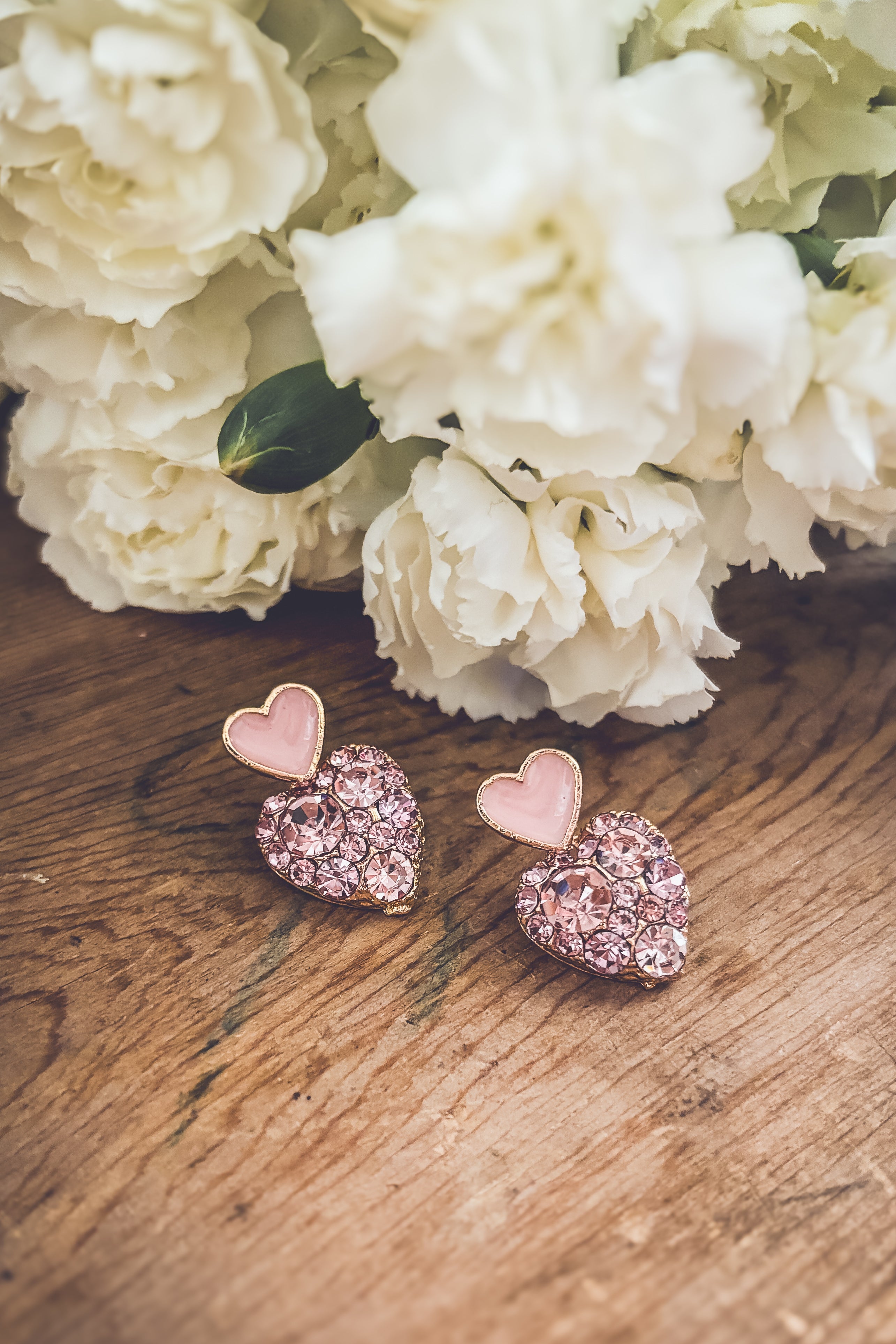 Beautiful Gold and Pink Crystal Heart Earrings