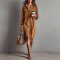 French Vintage Mid Length Dress Single Breasted Collared Long Sleeve Women Dress
