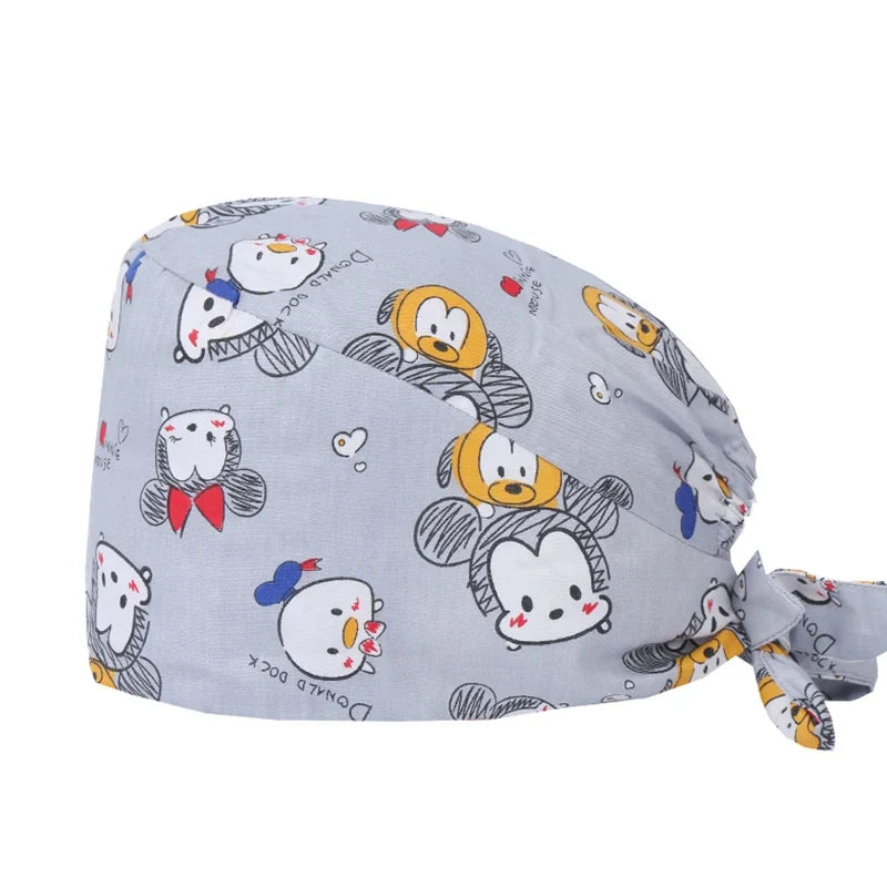 Cute Bear Print Surgical Caps for Long Hair
