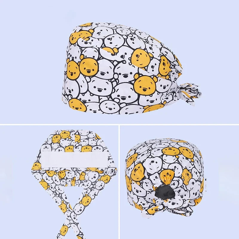Cute Bear Print Surgical Caps for Long Hair