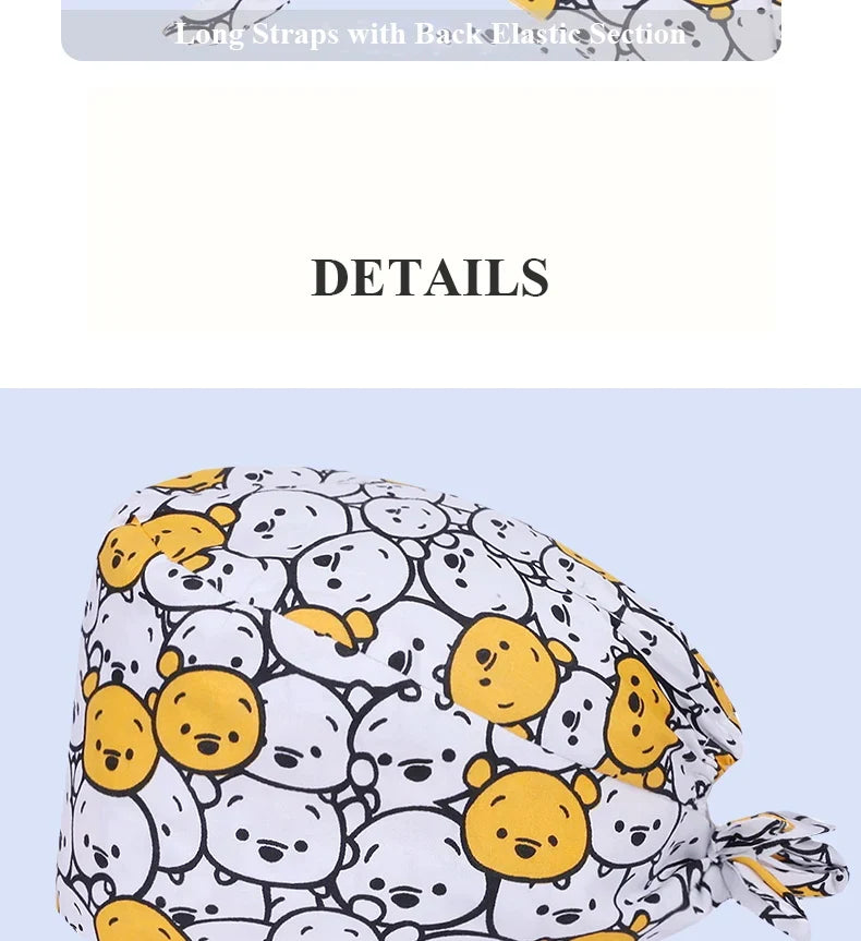 Cute Bear Print Surgical Caps for Long Hair